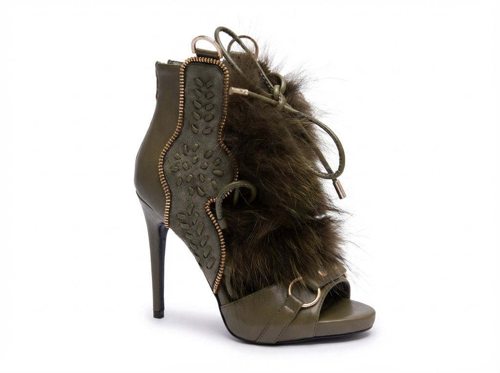 Bottine à talon vert Synthétique Femme - Détails fourrure