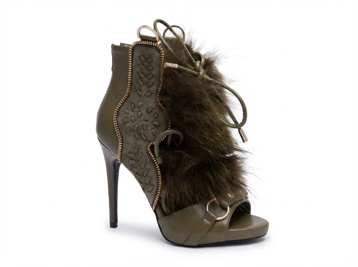 Bottine à talon vert Synthétique Femme - Détails fourrure