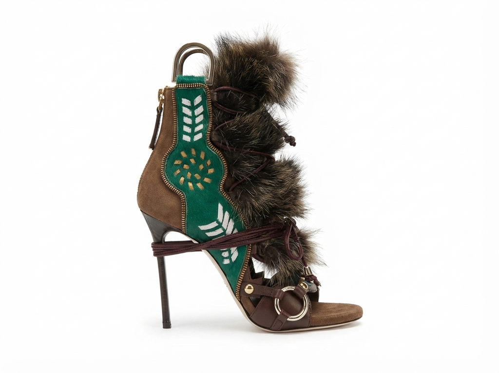 Bottine à talon marron Daim Synthétique Femme - Multicolore, fourrure, broderies