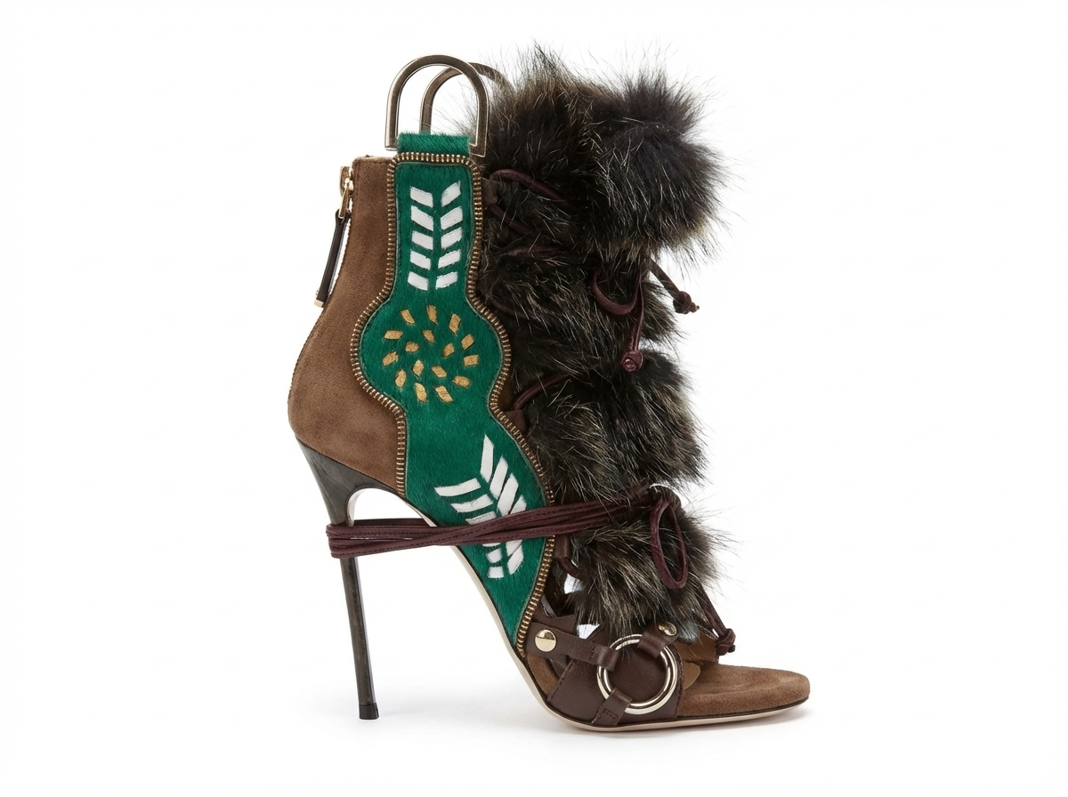 Bottine à talon marron Daim Synthétique Femme - Multicolore, fourrure, broderies