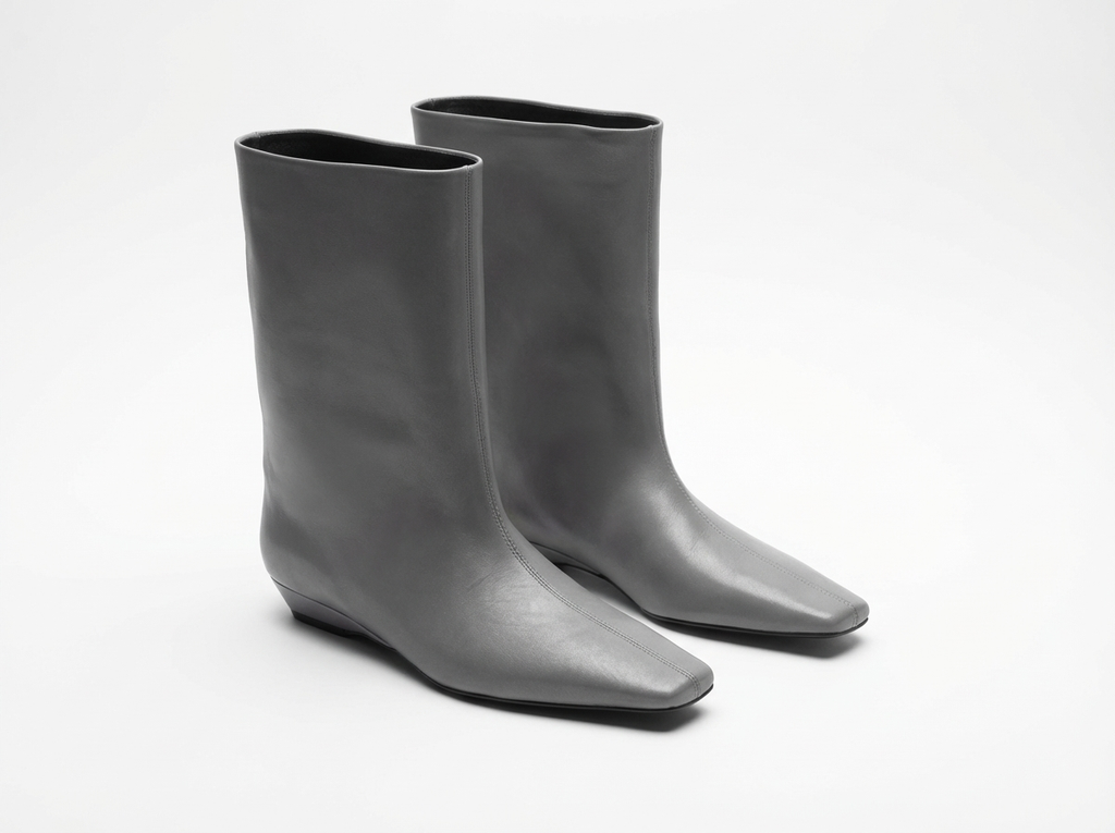 Botte haute gris Simili Cuir Femme - Bout carré, talon plat