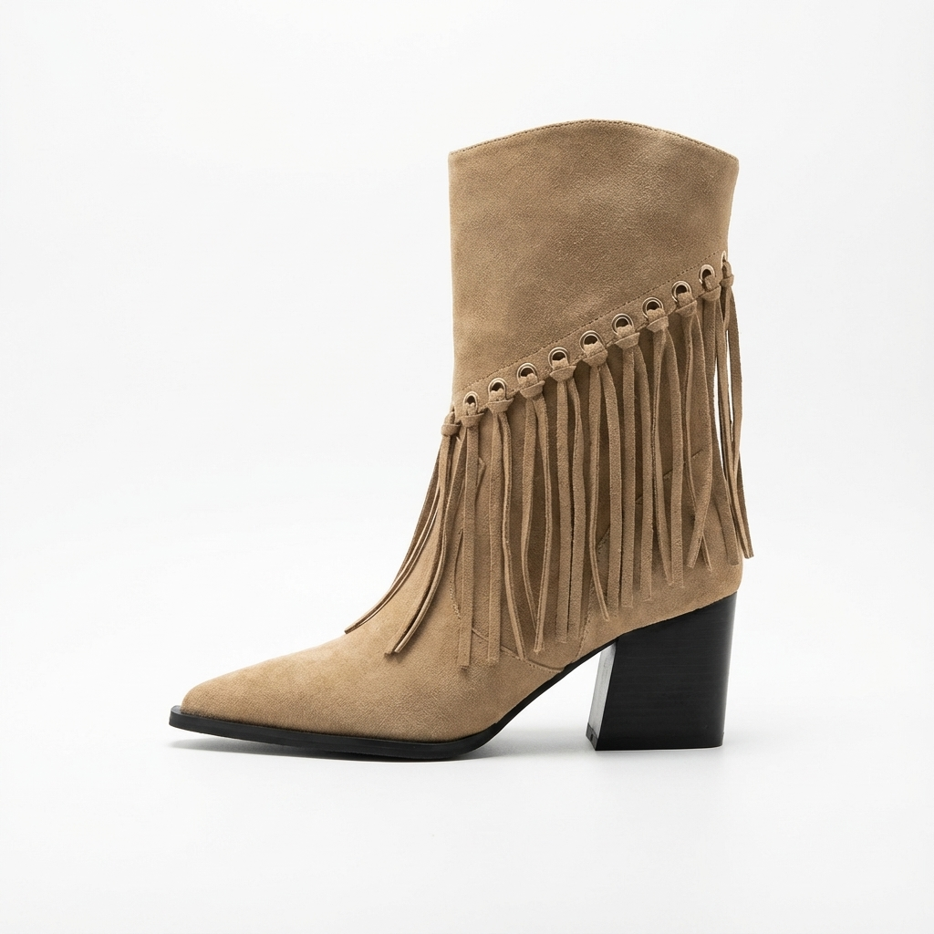 Santiag mi-haute beige Daim Femme - Franges, œillets métalliques
