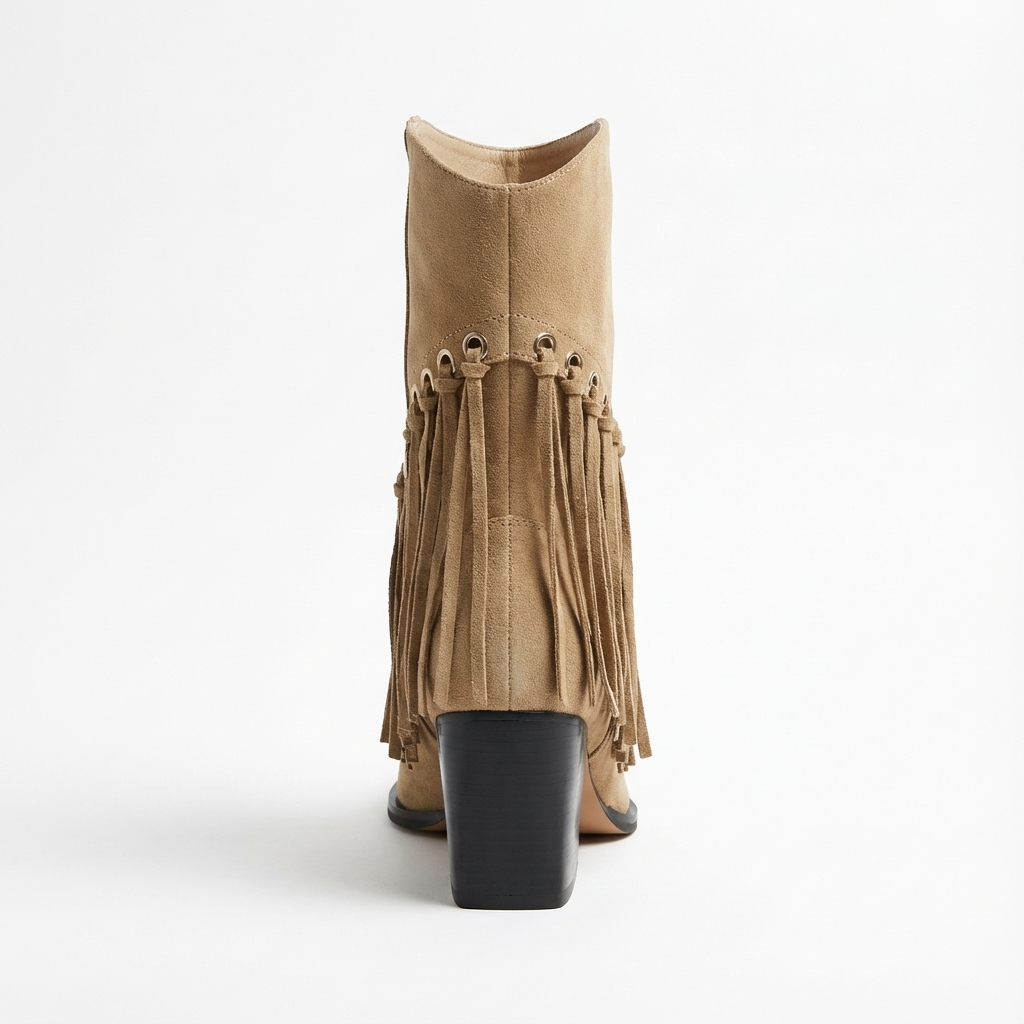 Santiag mi-haute beige Daim Femme - Franges, œillets métalliques