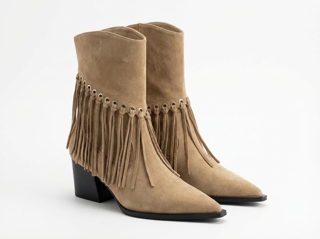 Santiag mi-haute beige Daim Femme - Franges, œillets métalliques