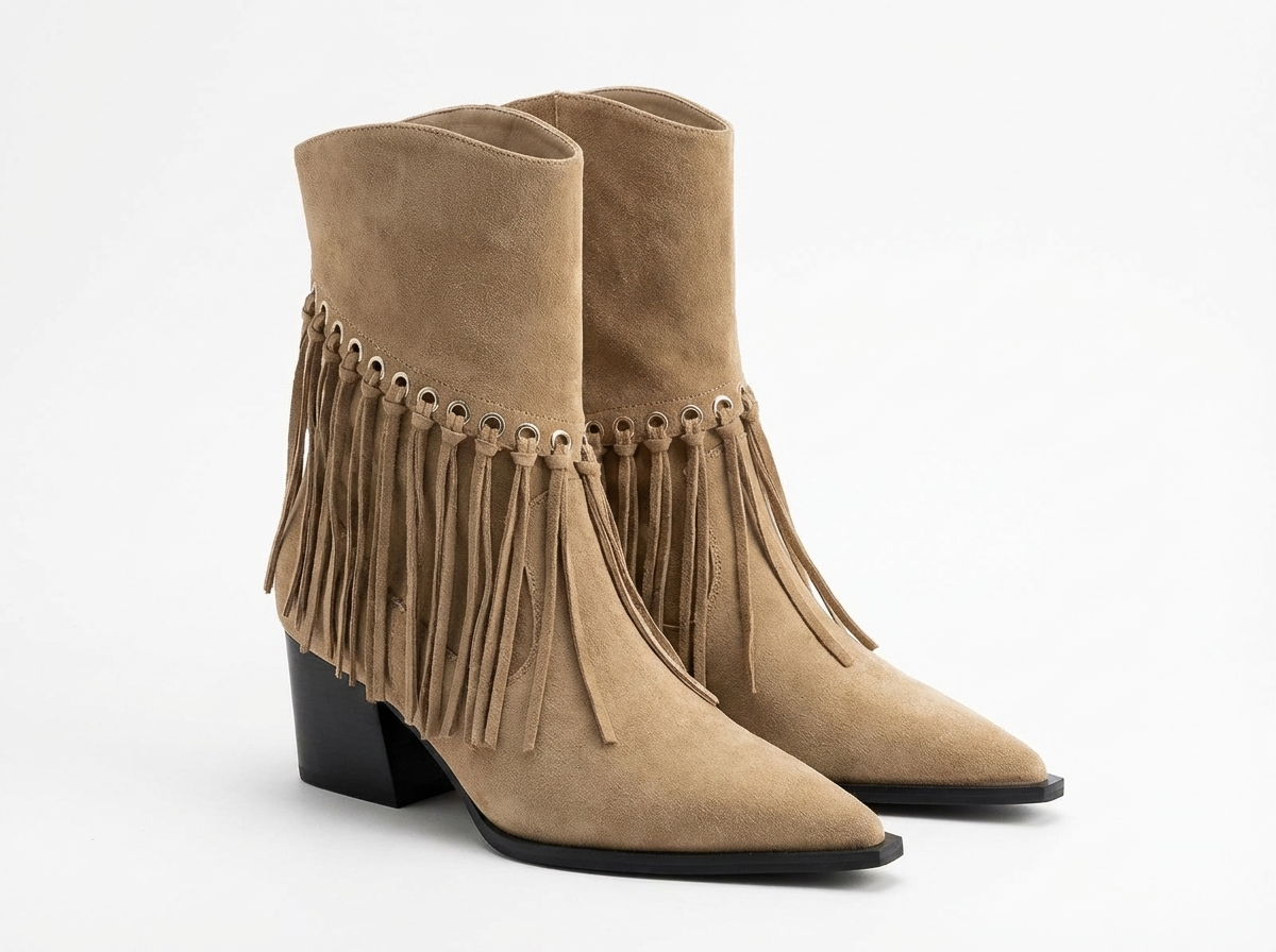 Santiag mi-haute beige Daim Femme - Franges, œillets métalliques