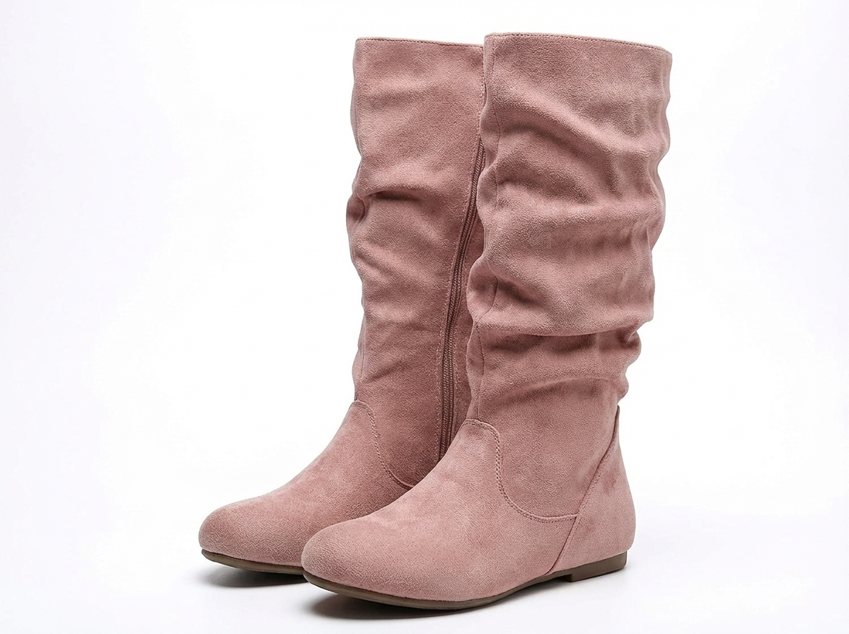 Santiag mi-haute rose Daim Synthétique Femme - Effet plissé, bout rond