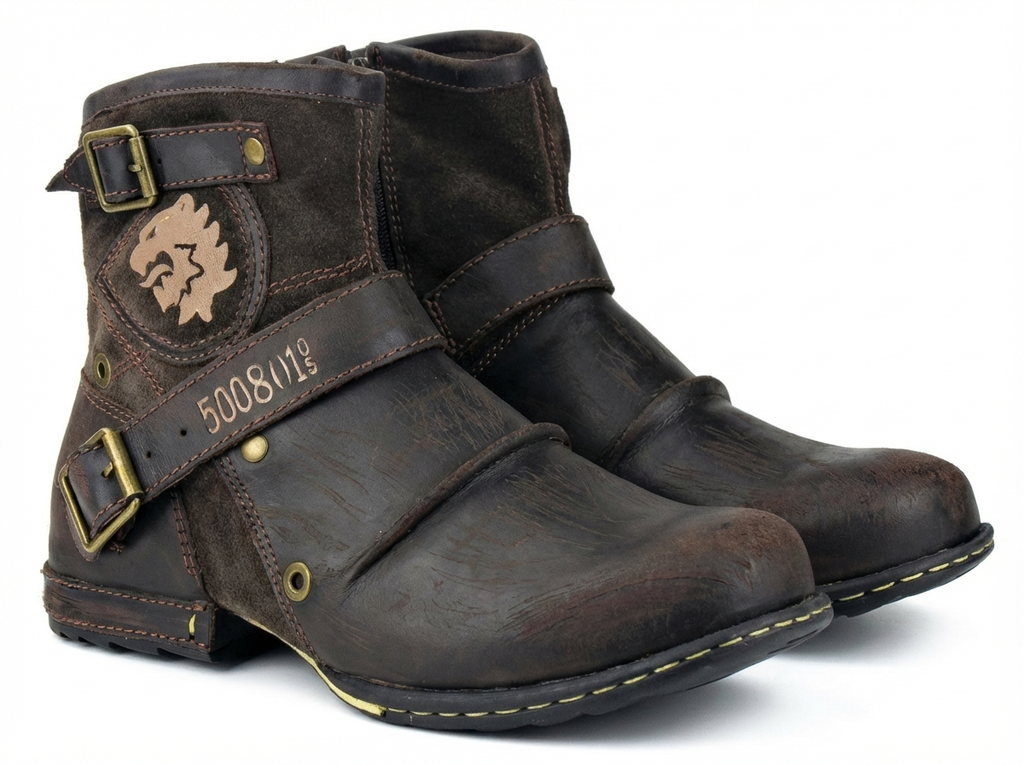 Bottine haute marron foncé Simili Cuir Femme - Motifs floraux et lion