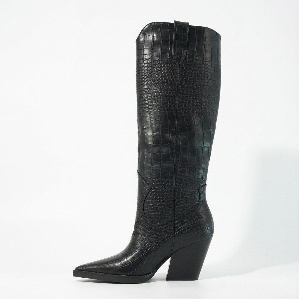 Santiag haute noir Synthétique Femme - Effet crocodile, talon épais