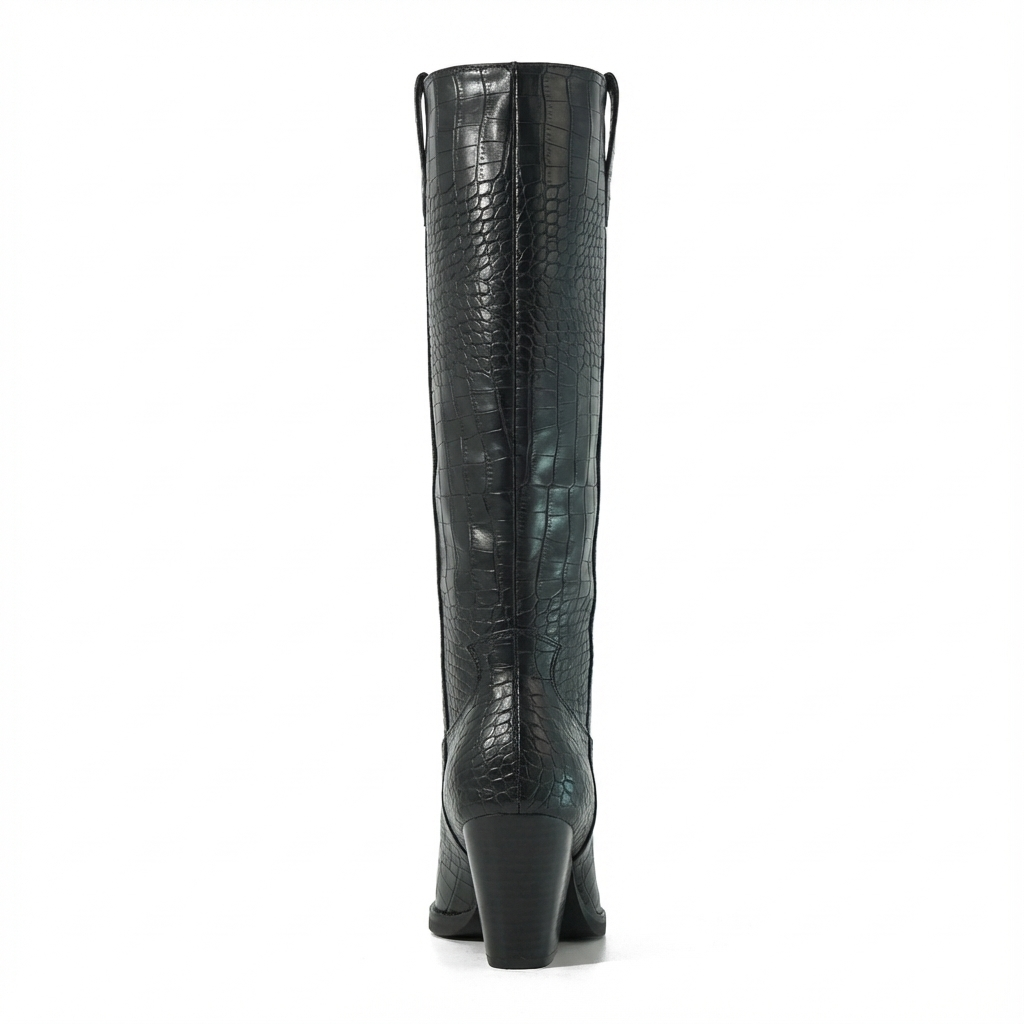 Santiag haute noir Synthétique Femme - Effet crocodile, talon épais