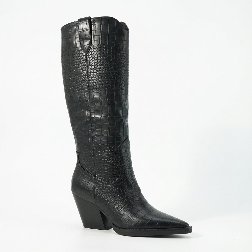 Santiag haute noir Synthétique Femme - Effet crocodile, talon épais