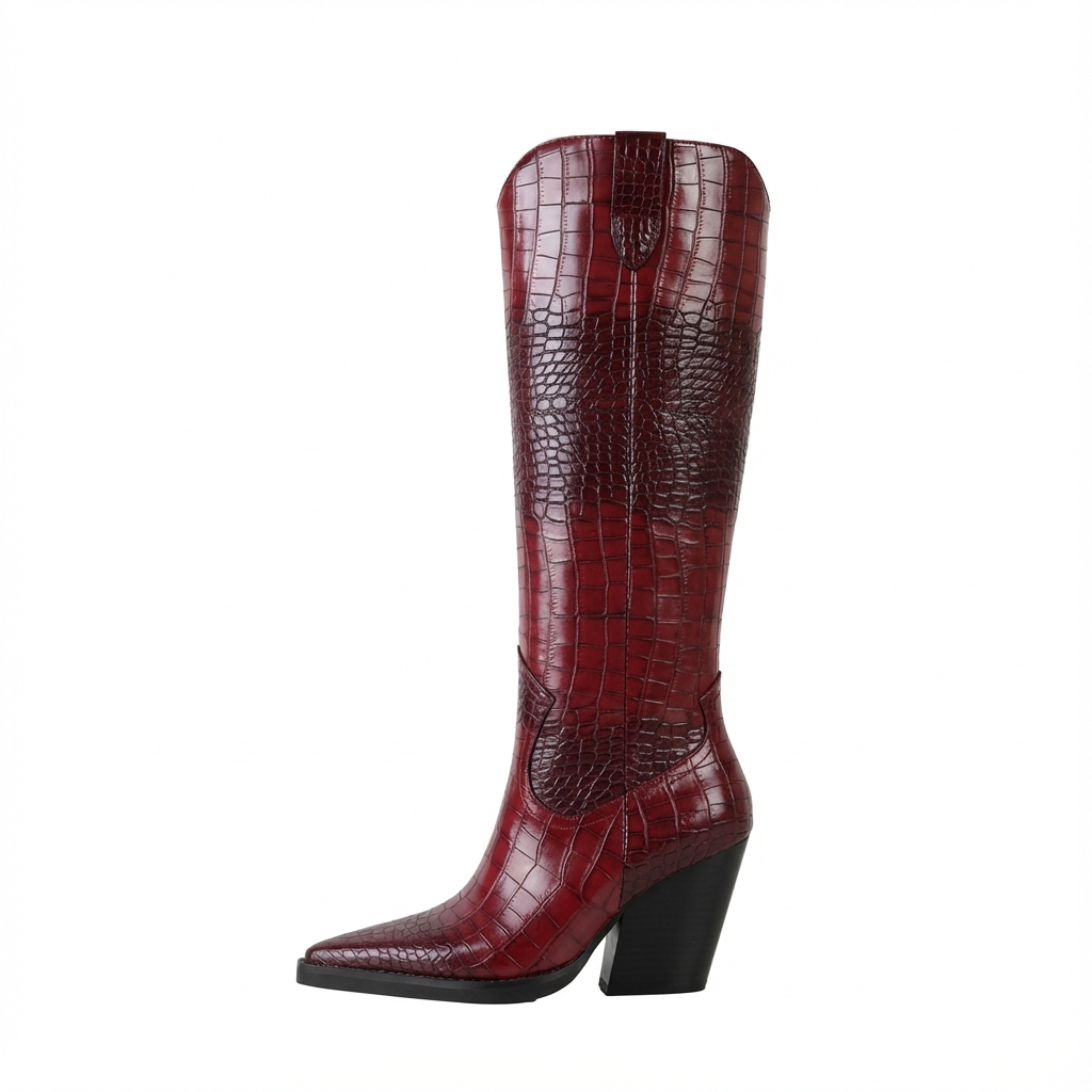 Santiag haute rouge Synthétique Femme - Motif crocodile, bout pointu