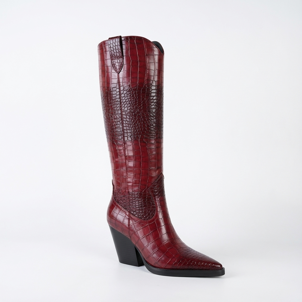 Santiag haute rouge Synthétique Femme - Motif crocodile, bout pointu