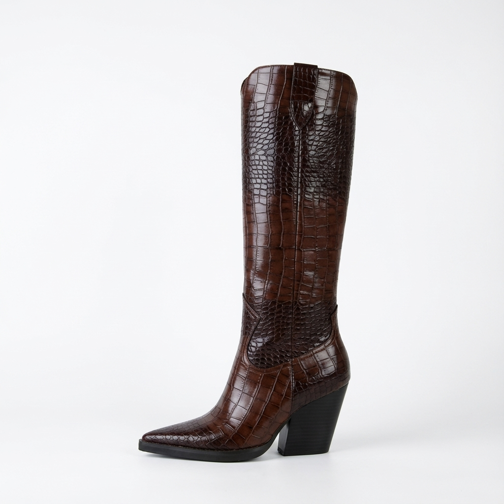 Santiag haute marron foncé Synthétique Femme - Motif crocodile