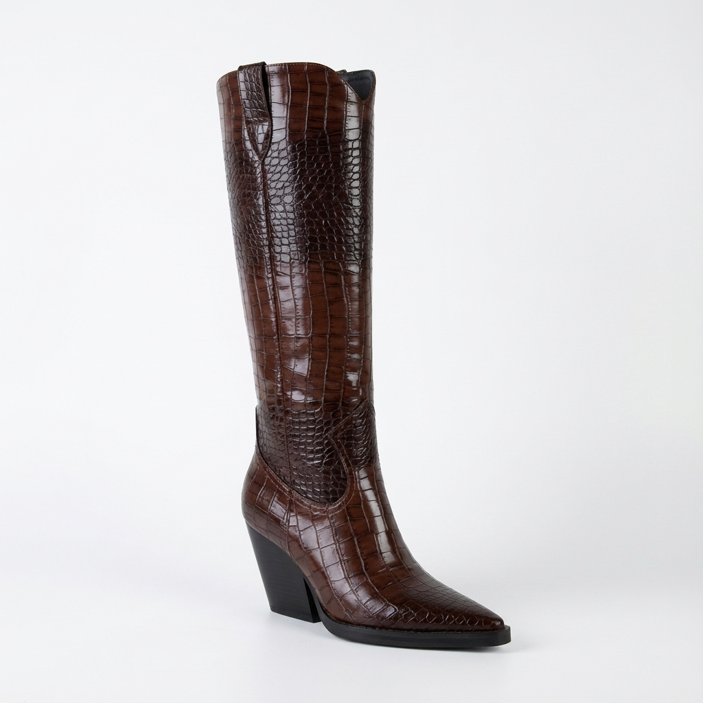 Santiag haute marron foncé Synthétique Femme - Motif crocodile
