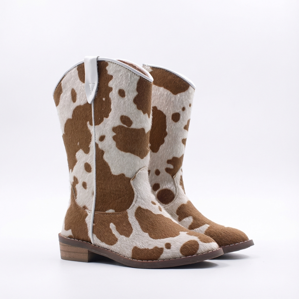 Santiag mi-haute marron clair Simili Cuir Fille - Motif peau de vache