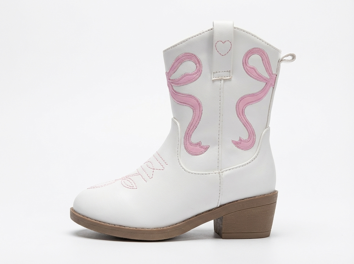 Santiag mi-haute blanc Simili Cuir Fille - Broderies florales, cœur