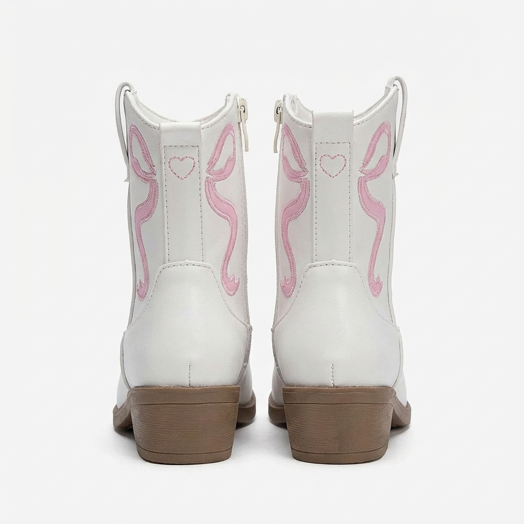 Santiag mi-haute blanc Simili Cuir Fille - Broderies florales, cœur