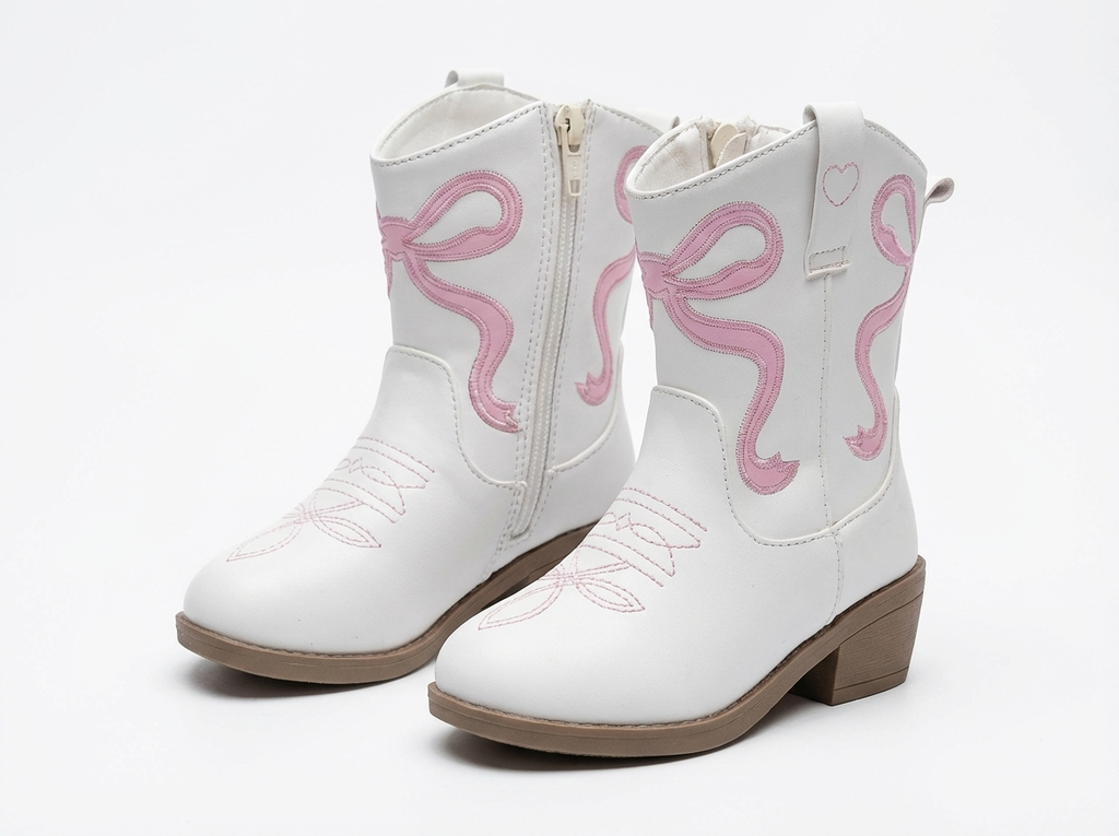 Santiag mi-haute blanc Simili Cuir Fille - Broderies florales, cœur