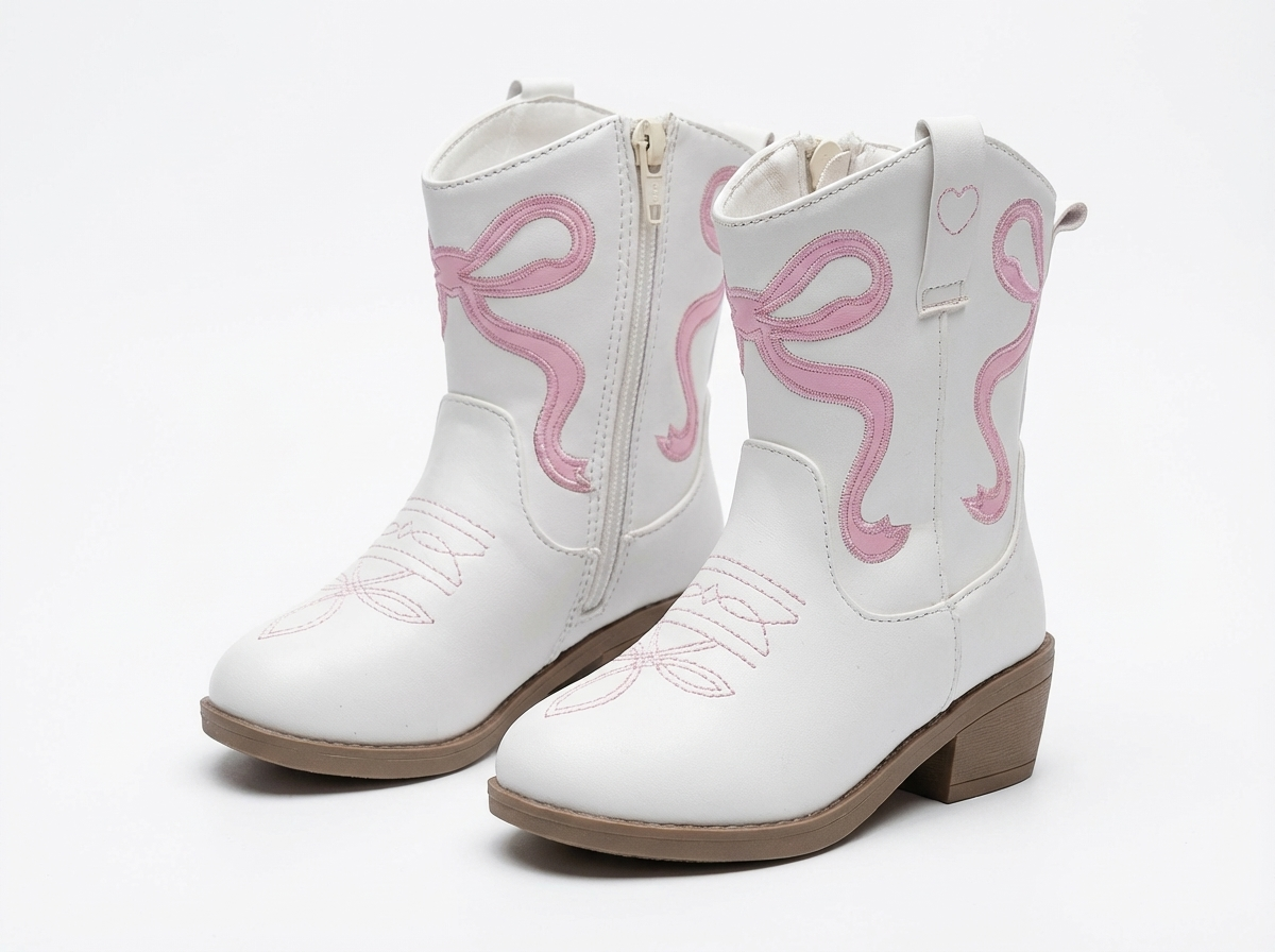 Santiag mi-haute blanc Simili Cuir Fille - Broderies florales, cœur