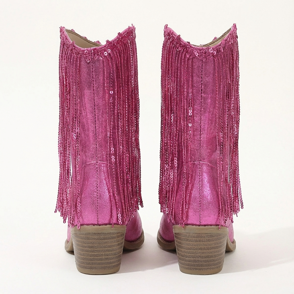 Santiag mi-haute rose Synthétique Fille - Franges, paillettes