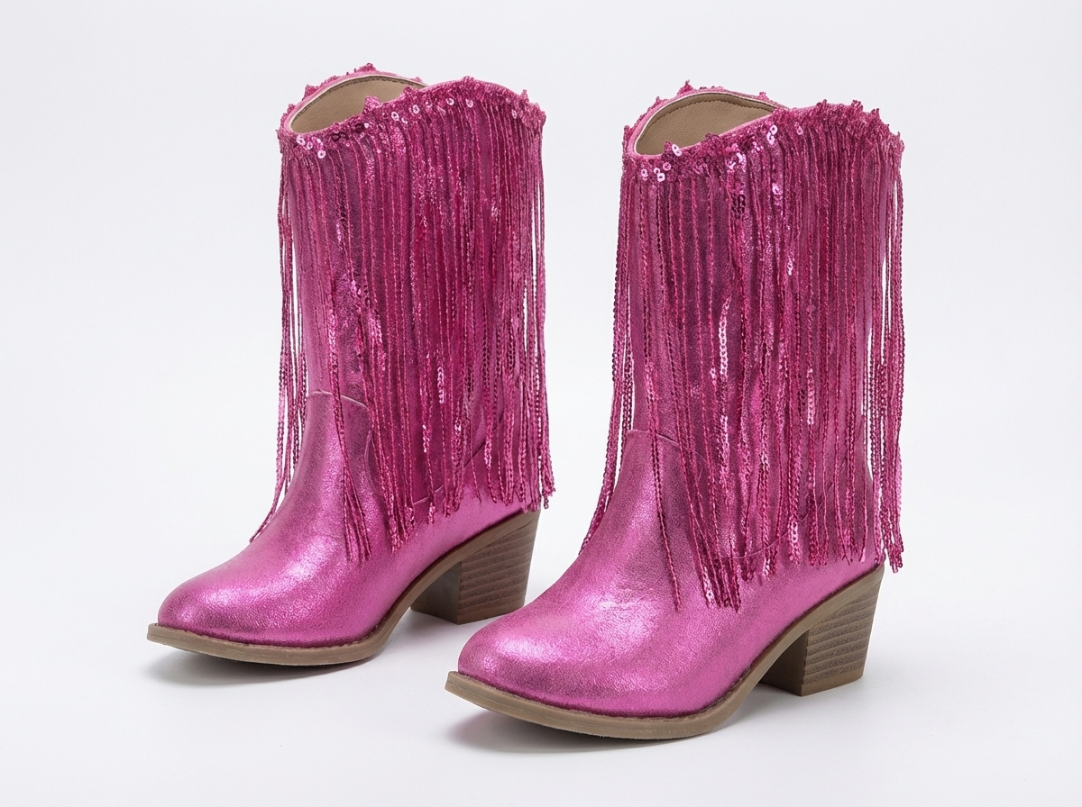 Santiag mi-haute rose Synthétique Fille - Franges, paillettes