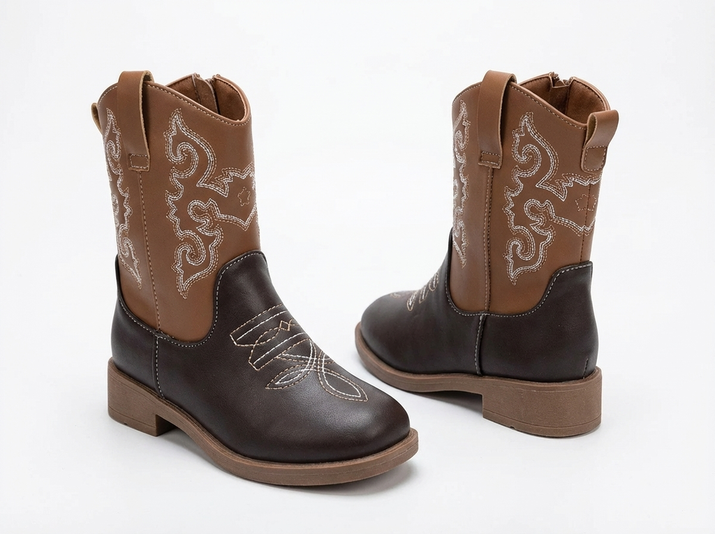 Santiag mi-haute marron foncé Simili Cuir Fille - Broderies western blanches