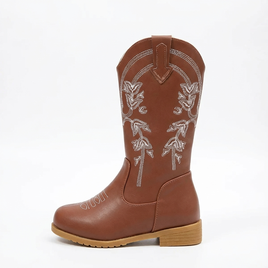 Santiag mi-haute marron Cuir Fille - Broderies florales