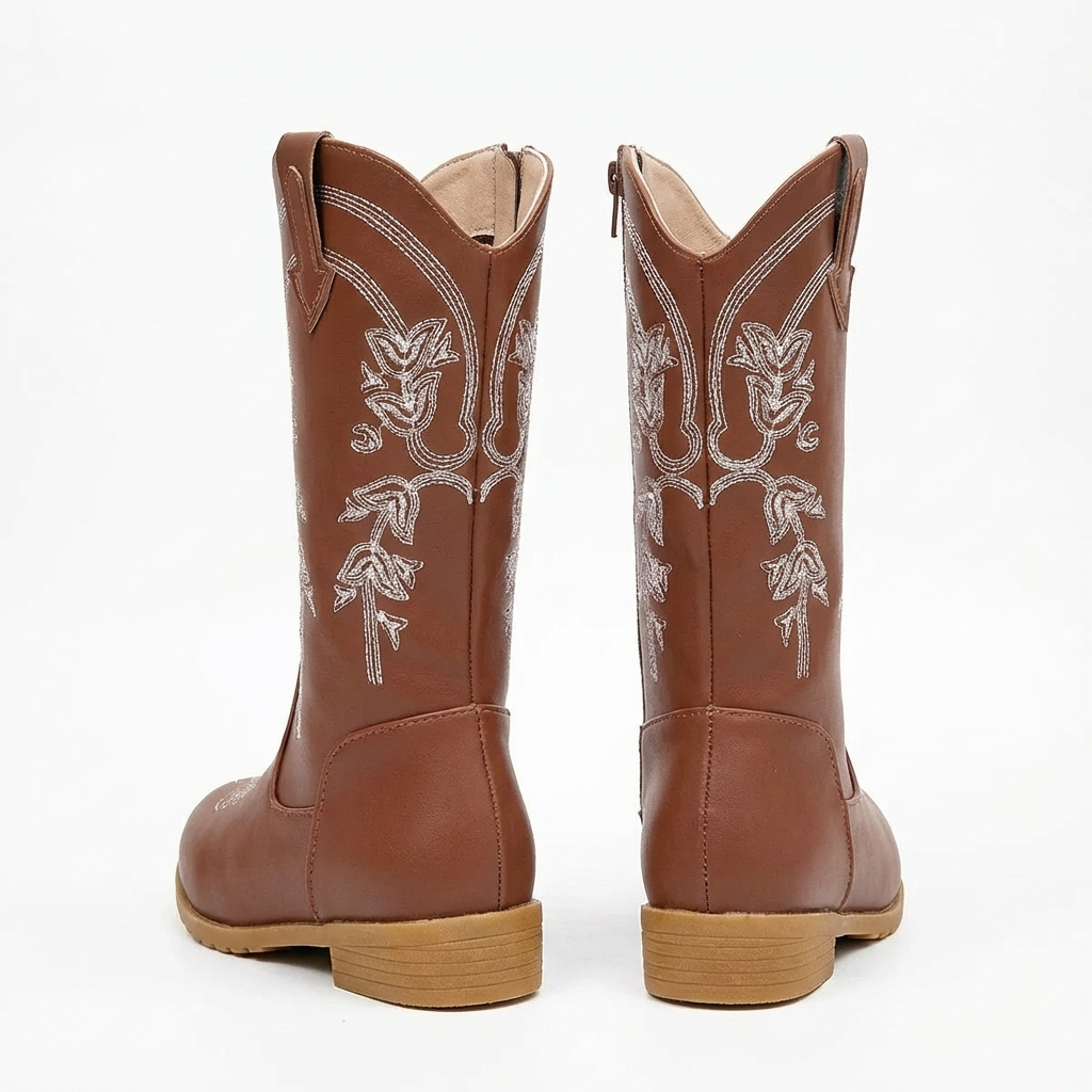 Santiag mi-haute marron Cuir Fille - Broderies florales