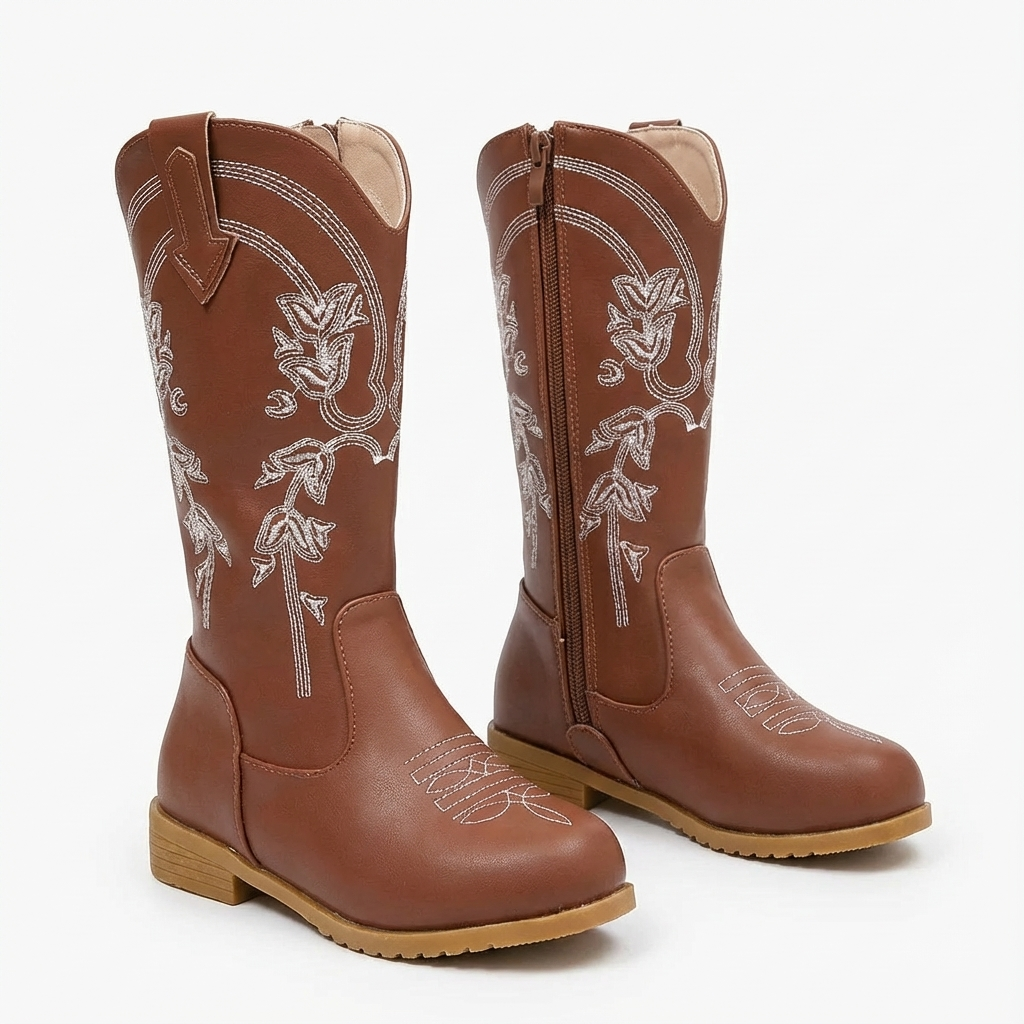 Santiag mi-haute marron Cuir Fille - Broderies florales
