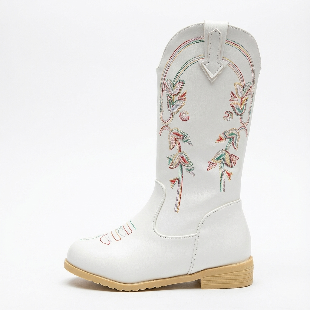 Santiag mi-haute blanc Cuir Fille - Broderies florales