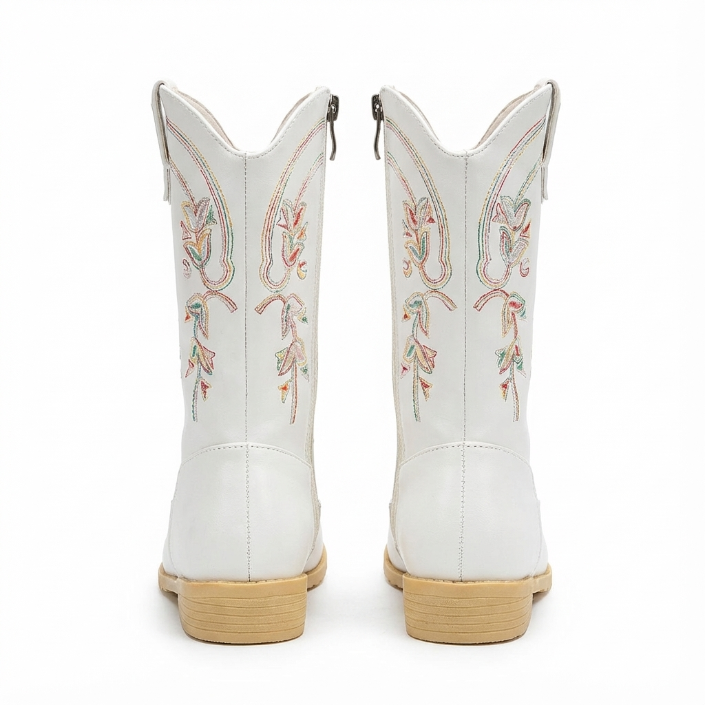 Santiag mi-haute blanc Cuir Fille - Broderies florales