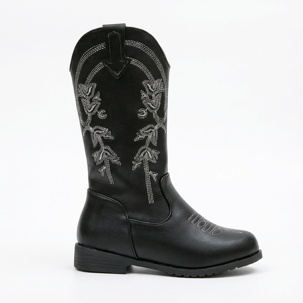 Santiag mi-haute noir Cuir Fille - Broderies florales contrastées