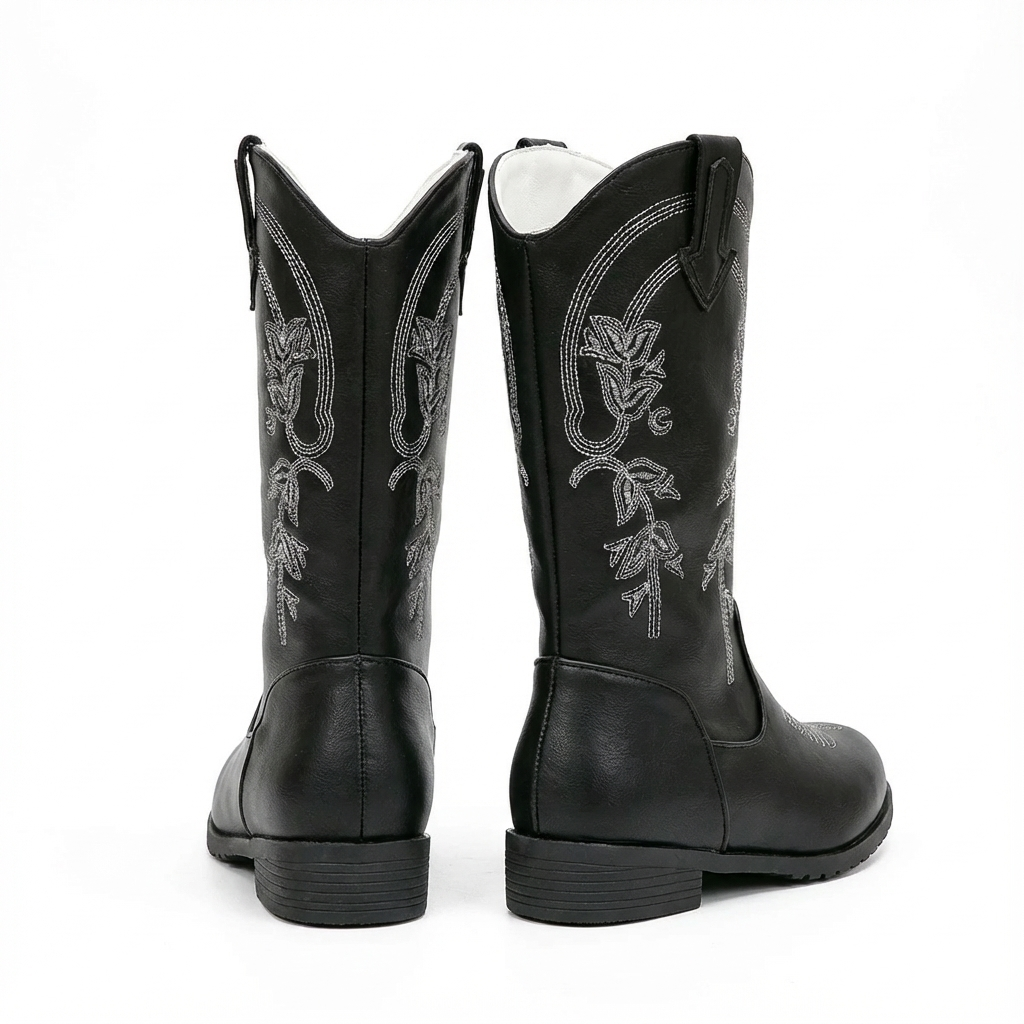 Santiag mi-haute noir Cuir Fille - Broderies florales contrastées