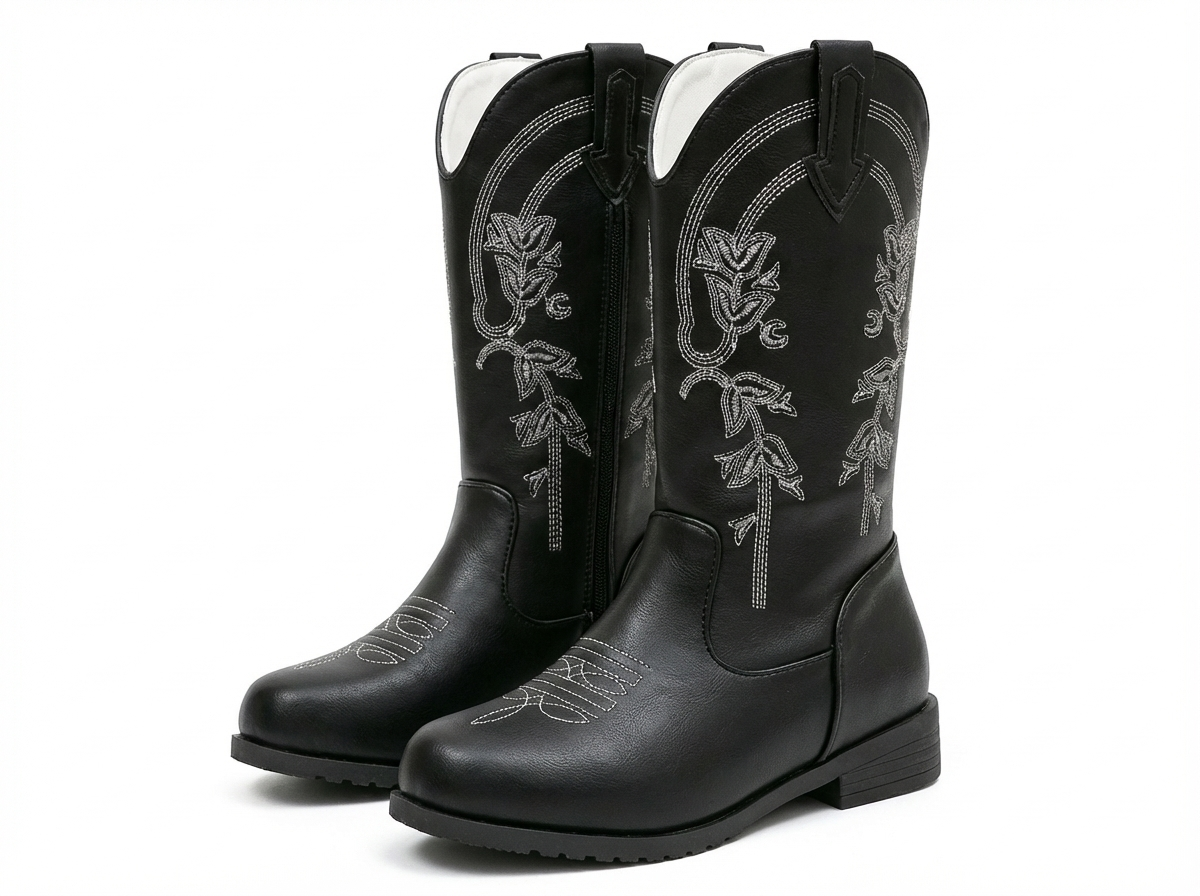 Santiag mi-haute noir Cuir Fille - Broderies florales contrastées