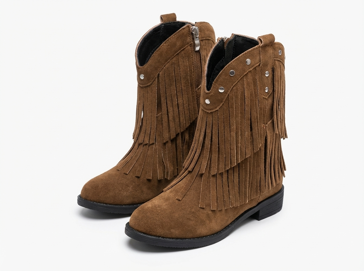 Santiag haute marron Daim Fille - Franges longues