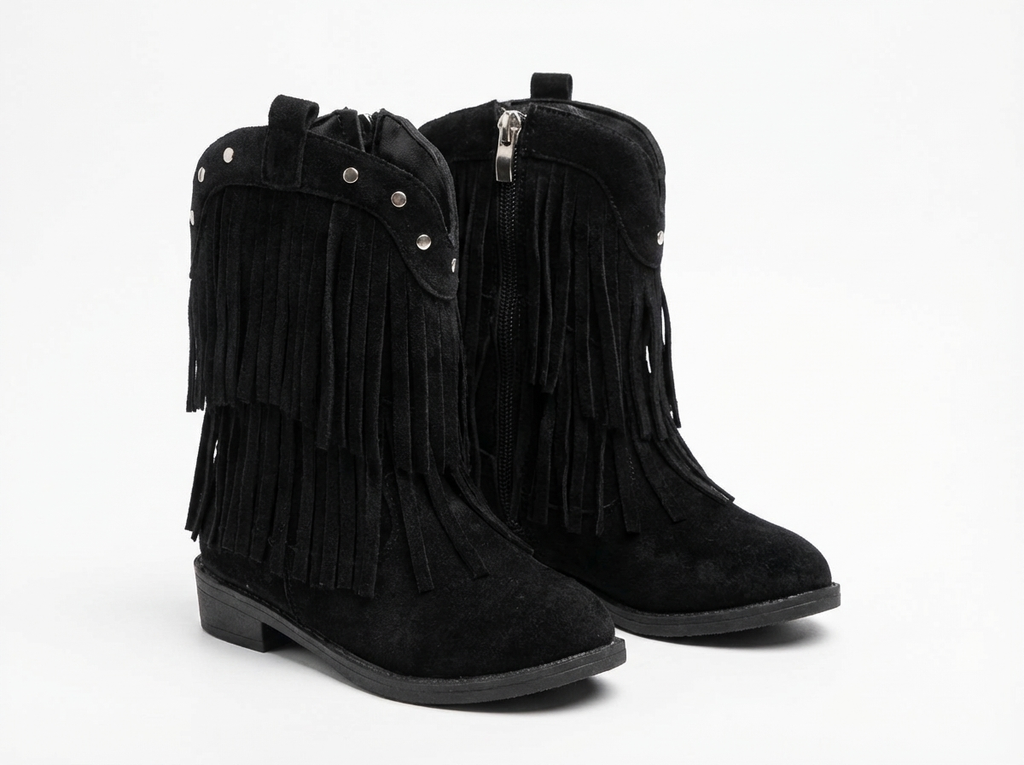 Santiag haute noir Cuir Fille - Franges, clous argentés
