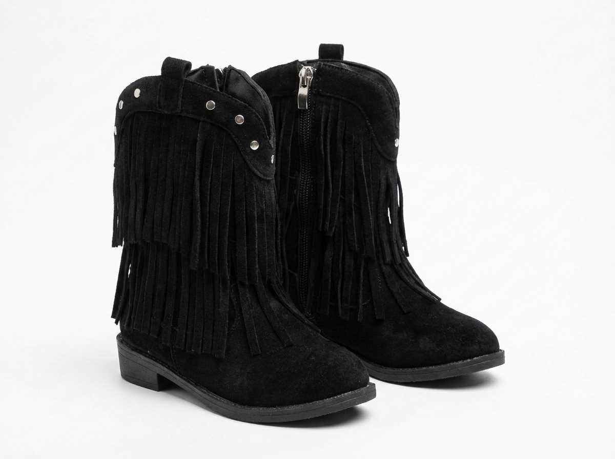 Santiag haute noir Cuir Fille - Franges, clous argentés
