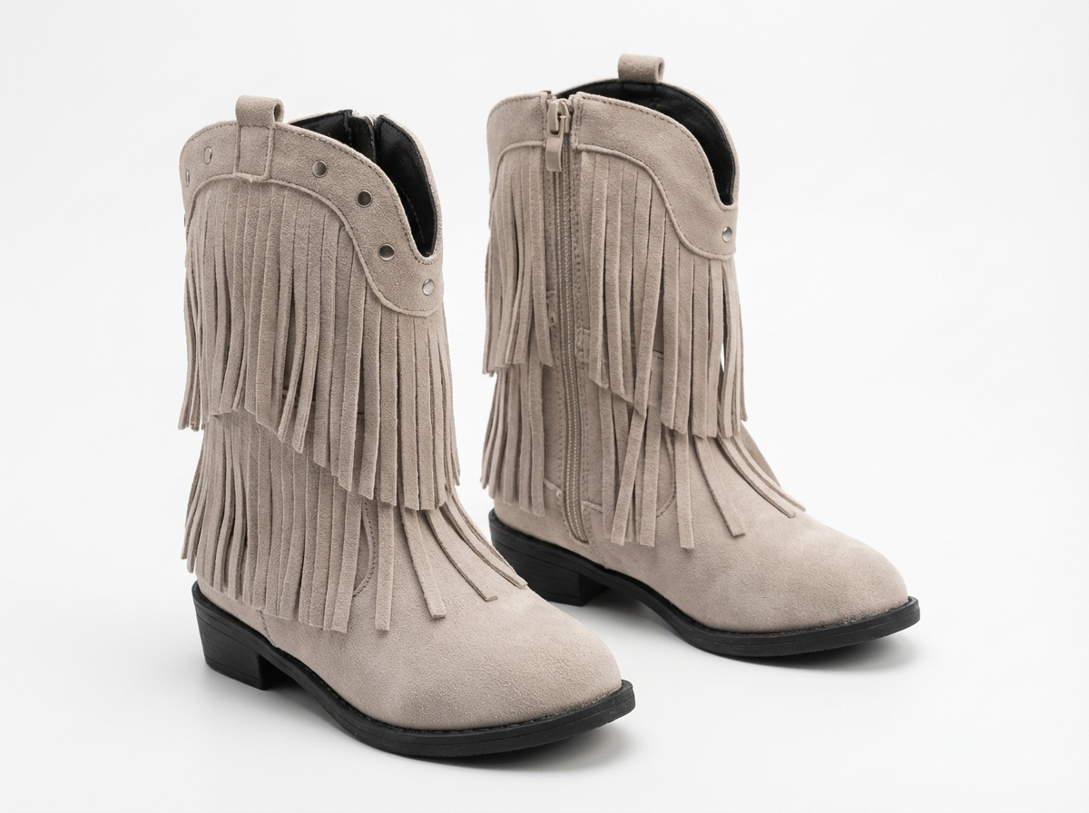 Santiag mi-haute beige Daim Fille - Franges, clous western
