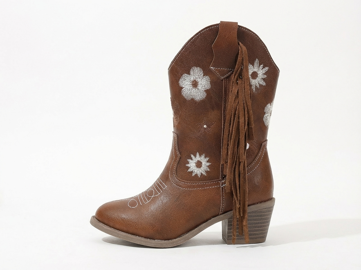 Santiag mi-haute marron Simili Cuir Fille - Broderies florales, franges