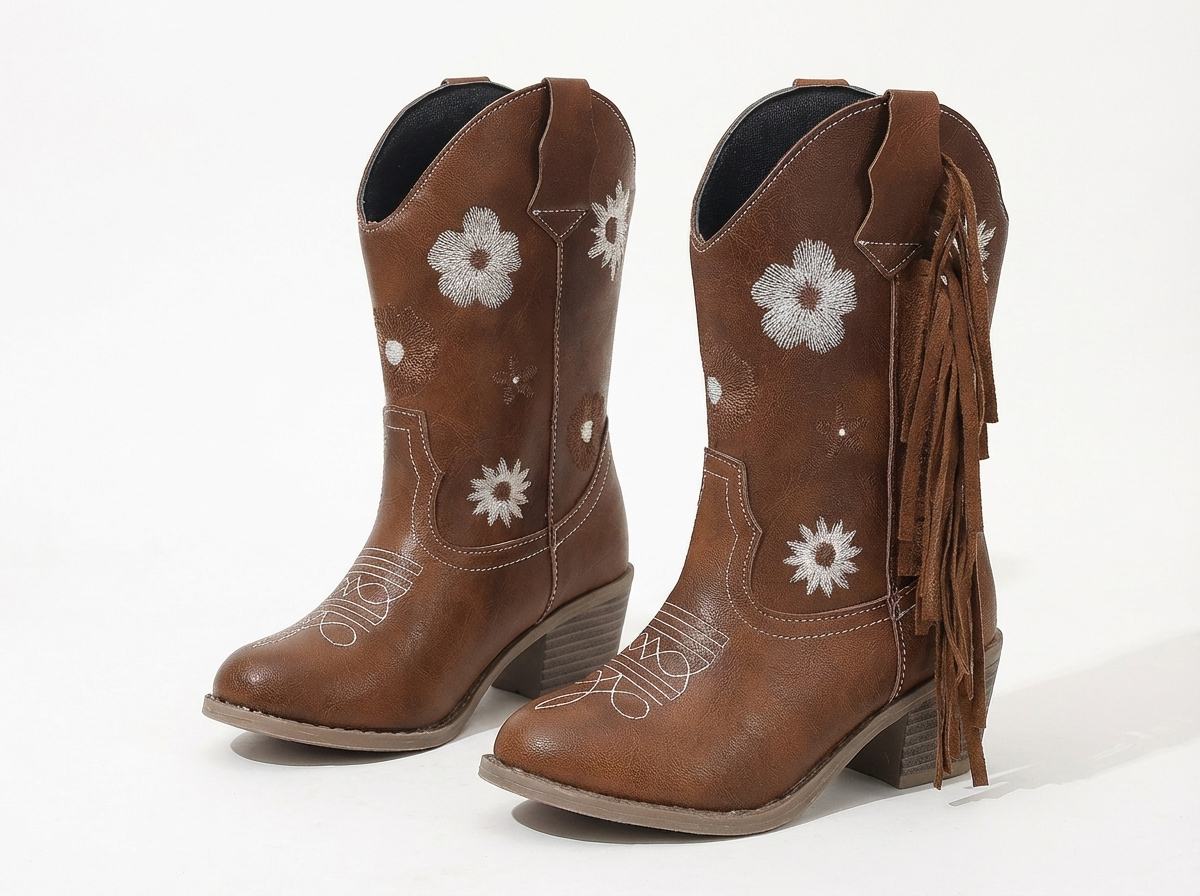Santiag mi-haute marron Simili Cuir Fille - Broderies florales, franges