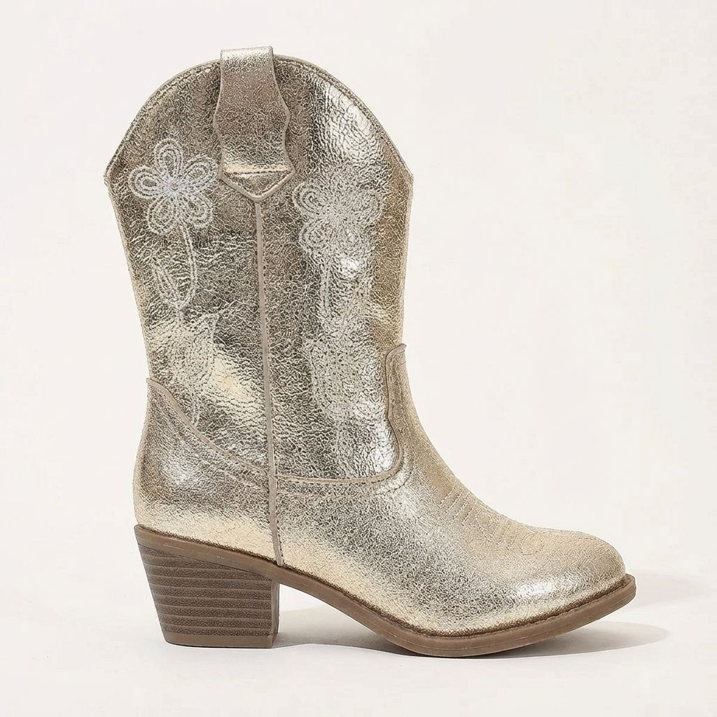 Santiag haute dorée Simili Cuir Fille - Broderies florales