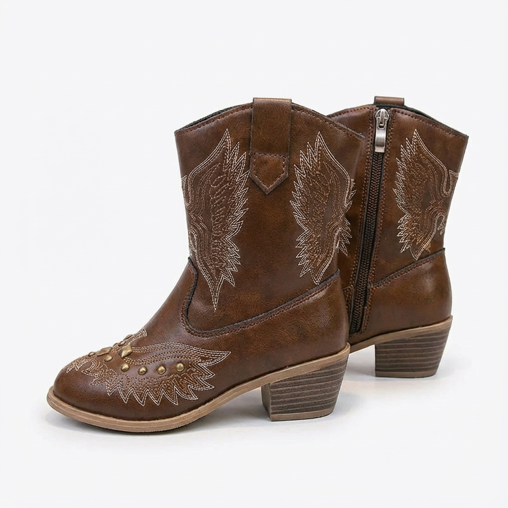 Santiag haute marron Synthétique Fille - Ailes brodées, clous dorés