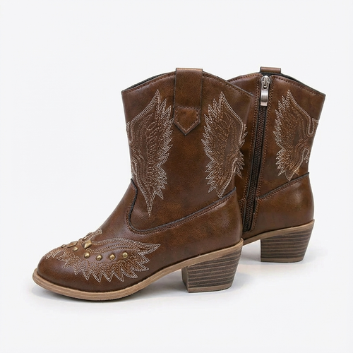 Santiag haute marron Synthétique Fille - Ailes brodées, clous dorés