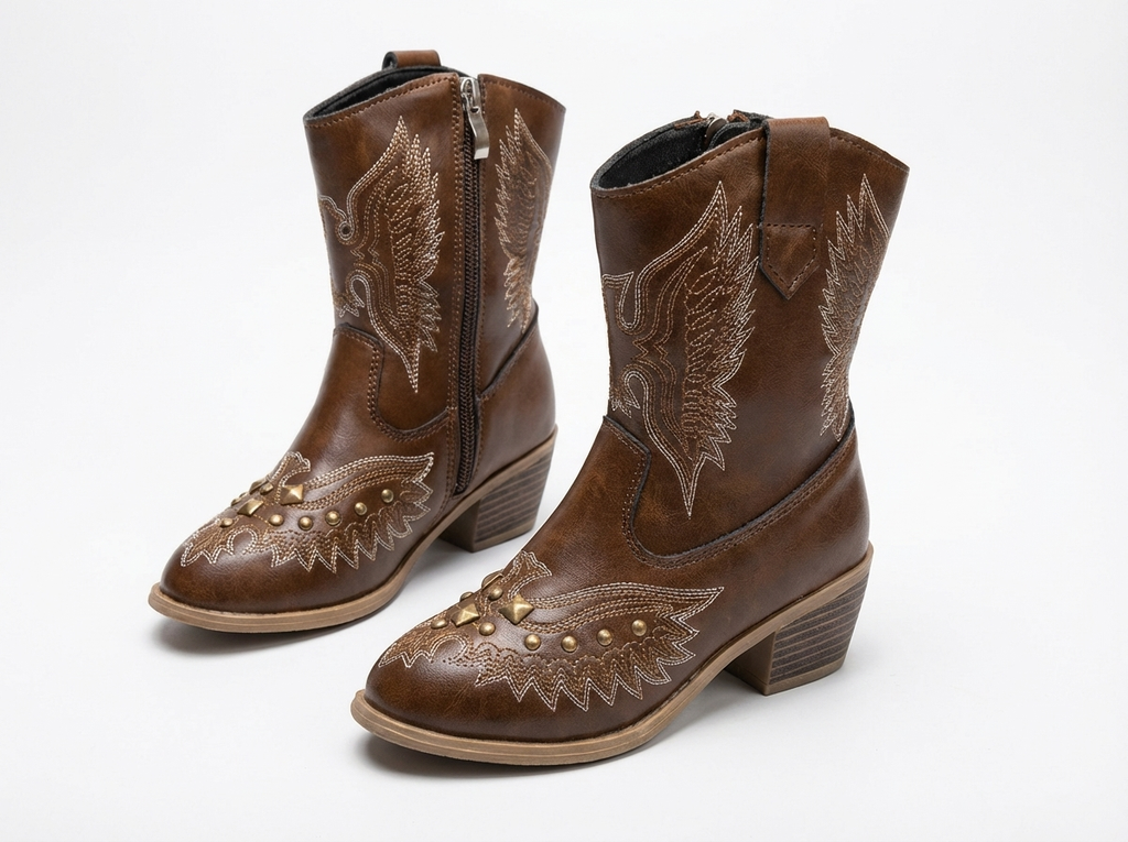 Santiag haute marron Synthétique Fille - Ailes brodées, clous dorés