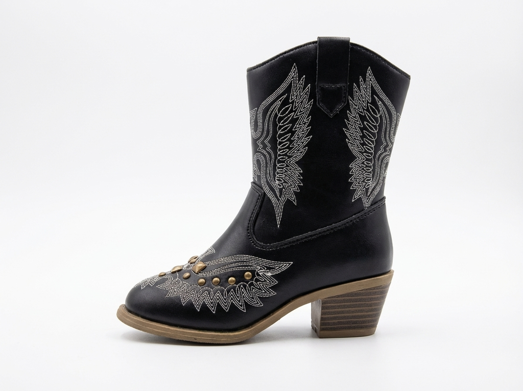 Santiag haute noir Simili Cuir Fille - Broderies ailées, clous dorés