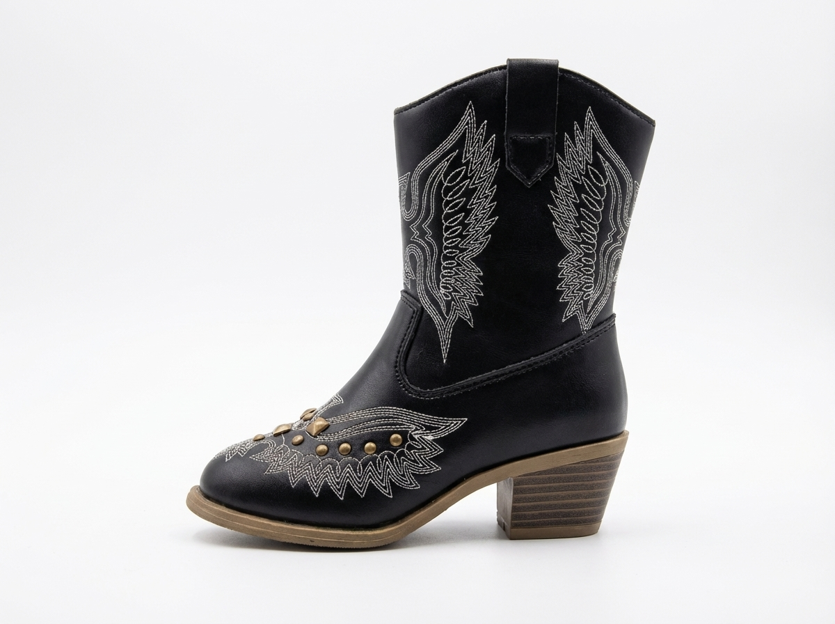 Santiag haute noir Simili Cuir Fille - Broderies ailées, clous dorés