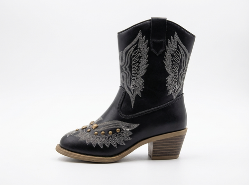 Santiag haute noir Simili Cuir Fille - Broderies ailées, clous dorés