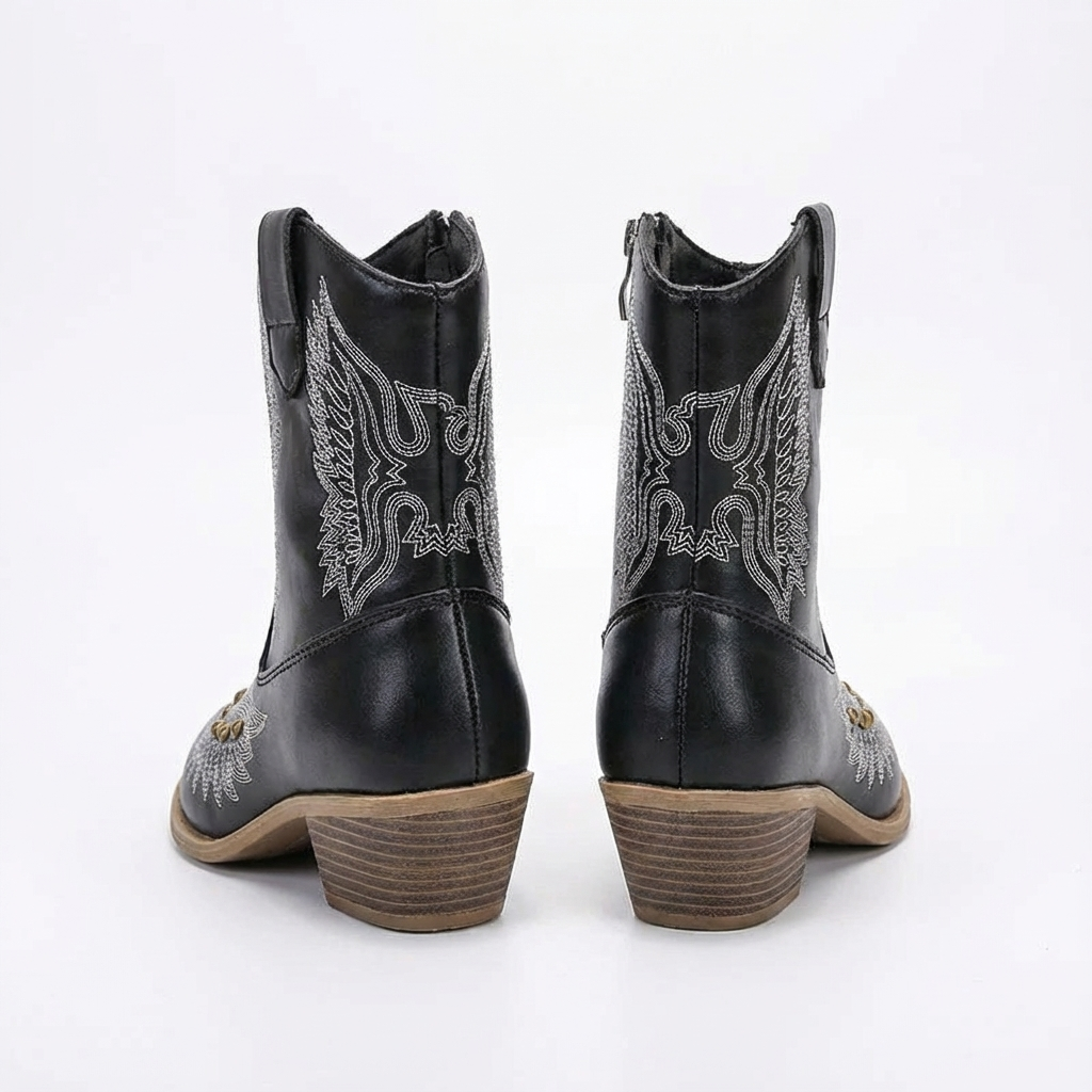 Santiag haute noir Simili Cuir Fille - Broderies ailées, clous dorés