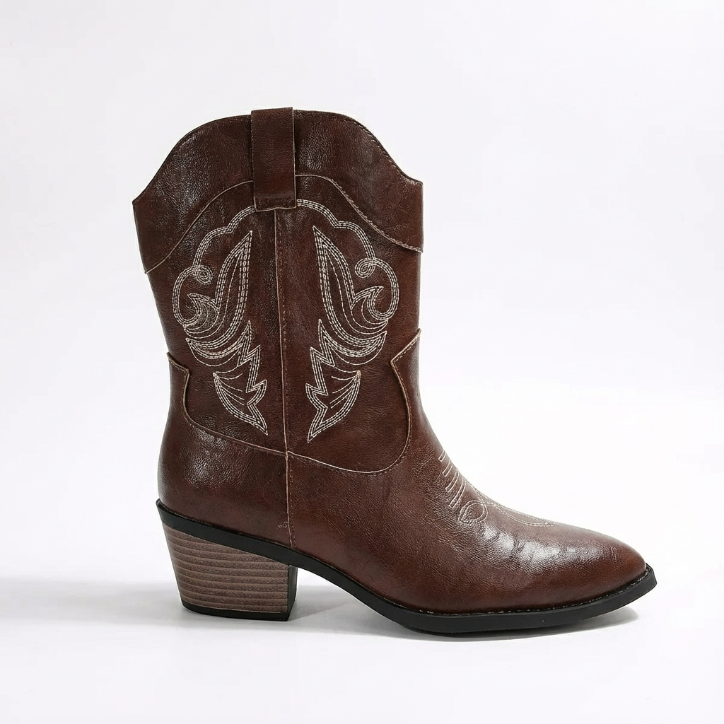 Santiag mi-haute marron Simili Cuir Femme - Broderies contrastées