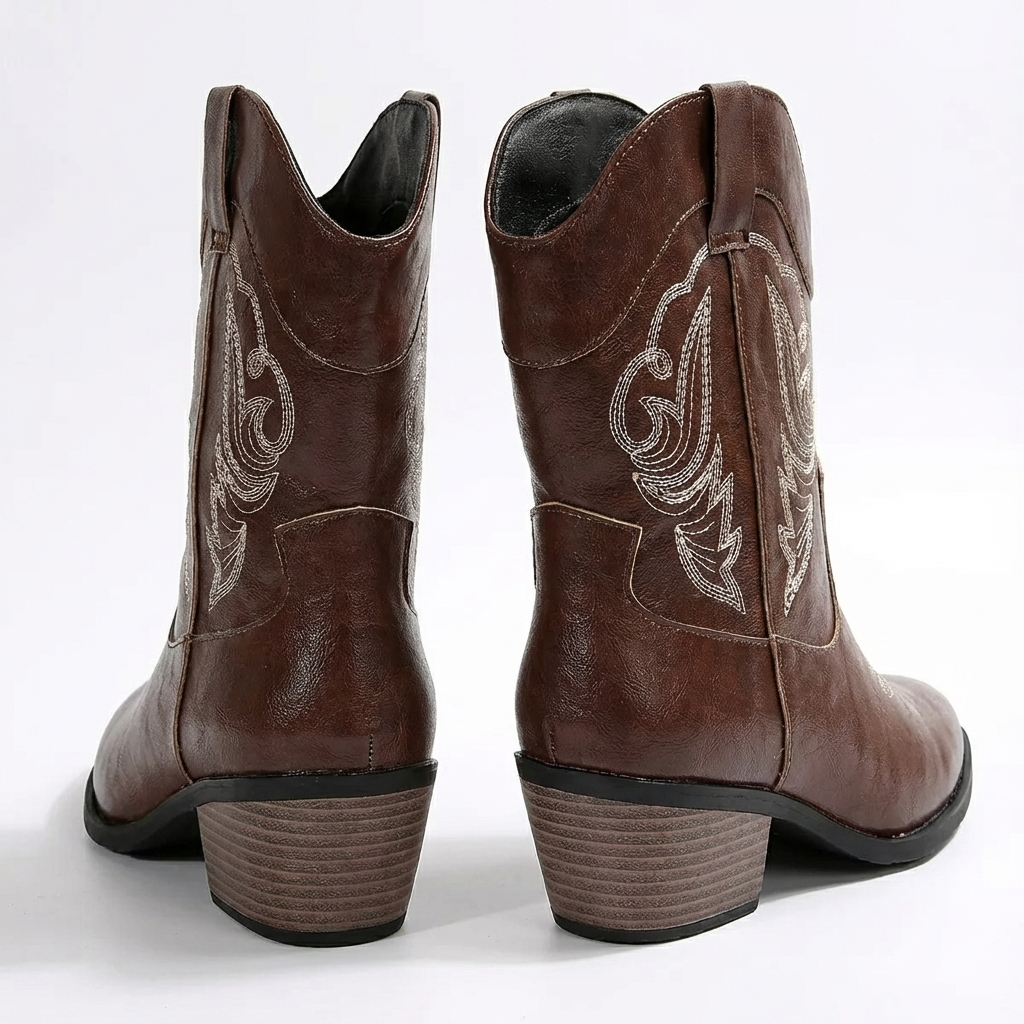 Santiag mi-haute marron Simili Cuir Femme - Broderies contrastées